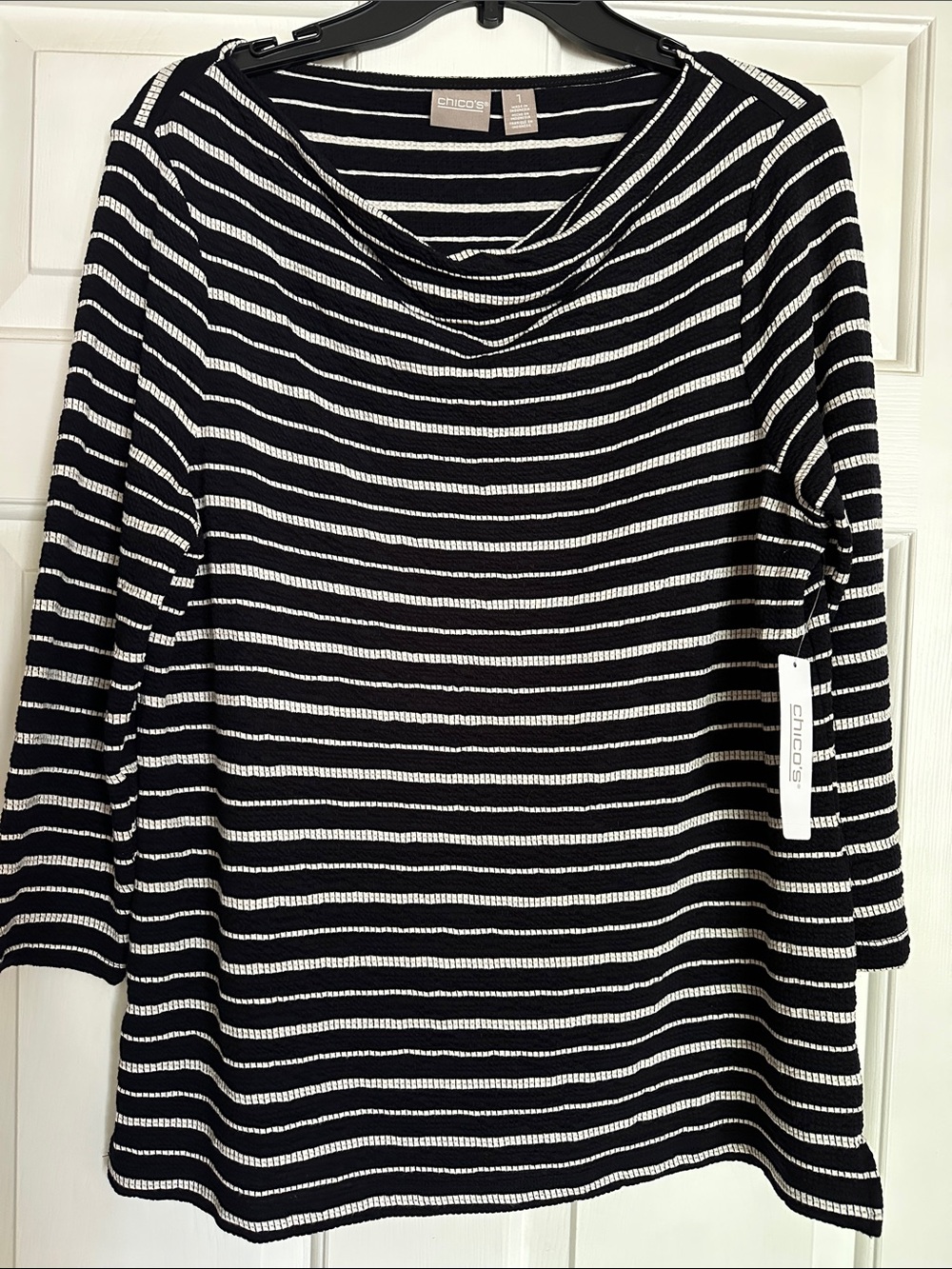 Chico's Black and White Striped Boatneck Knit Top